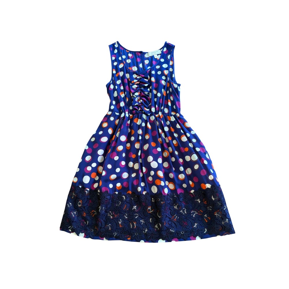 Moulinette Soeurs Anthropologie 100% Silk Polka Dot Fit Flare Dress Lace Hem 0